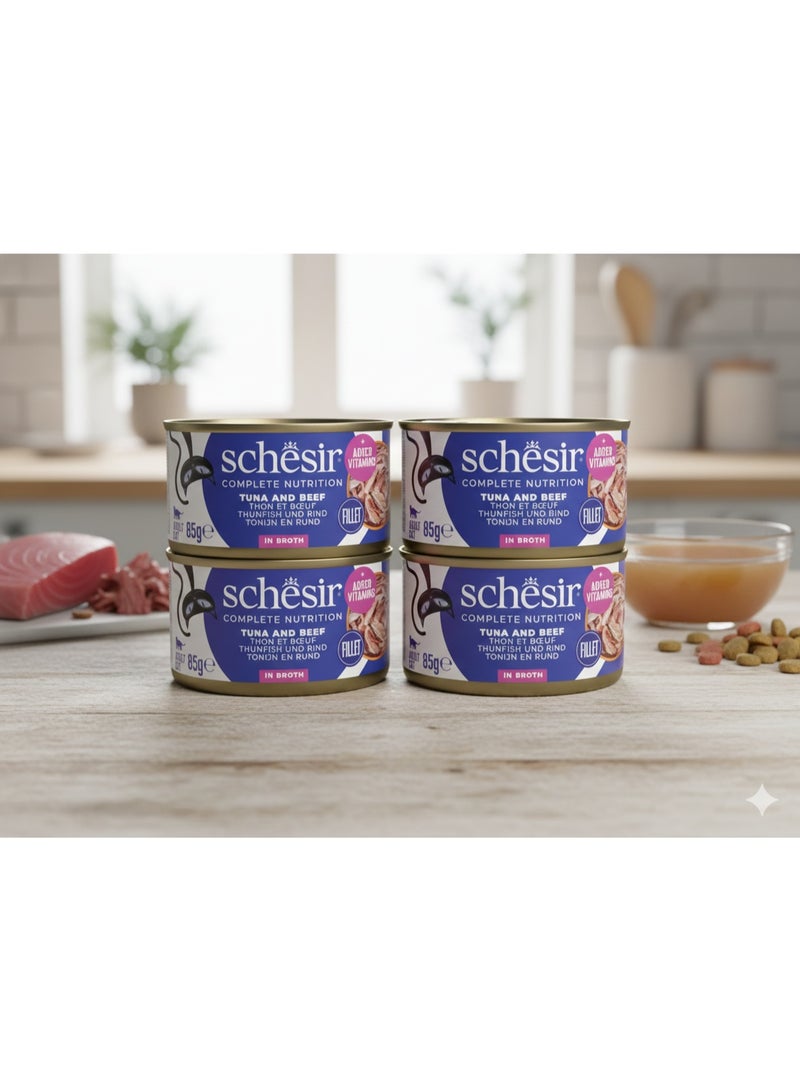 Schesir Adult Cat 4-Pack 🐾 – Tuna and Beef Fillets in Broth – Complete Nutrition with Added Vitamins – 340 g (4 x 85 g Cans) ✨